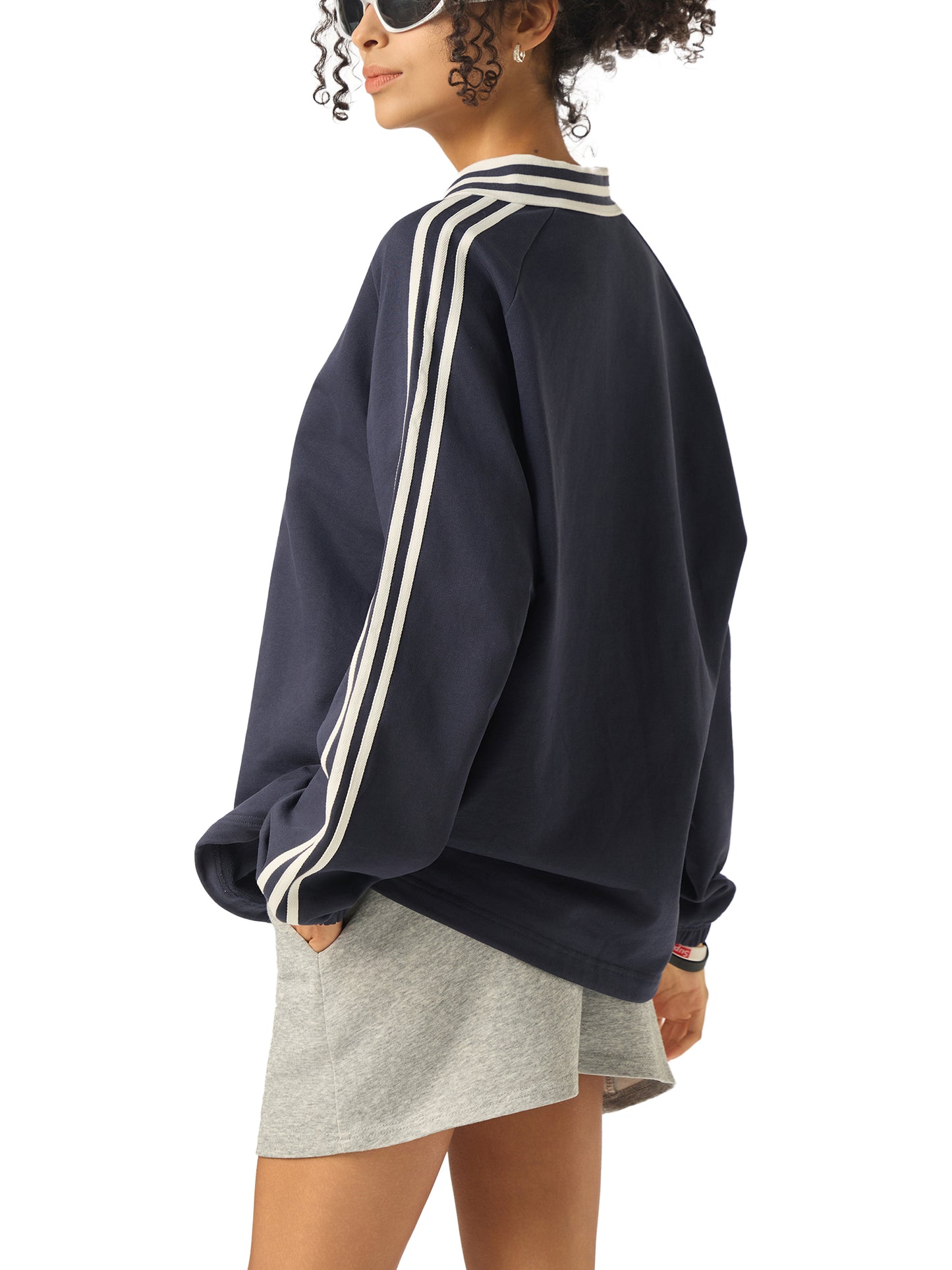 Unisex Contrast Striped Lapel Collar Sweatshirt