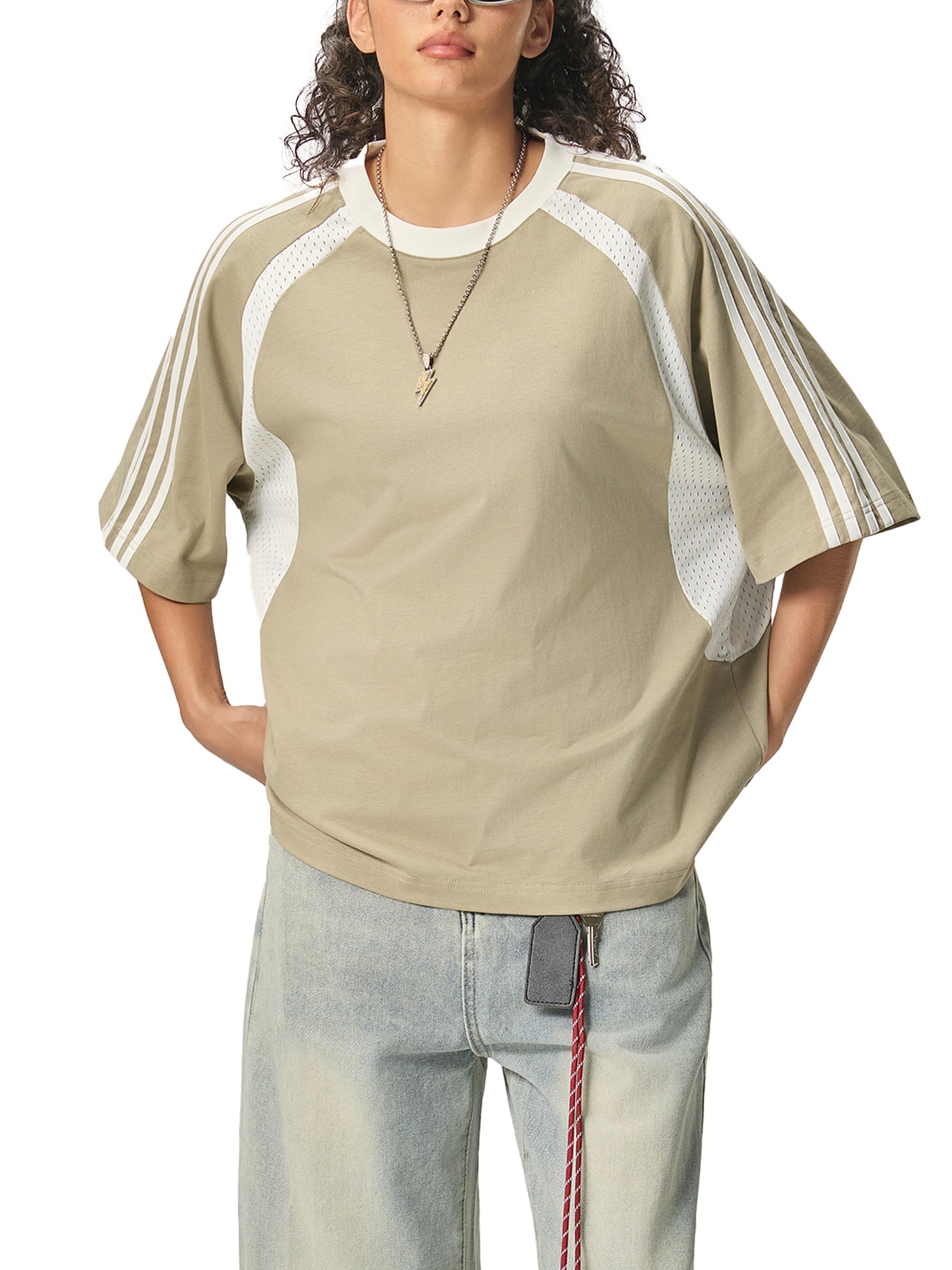 Unisex Contrast Stripes Panel Mesh T-shirt