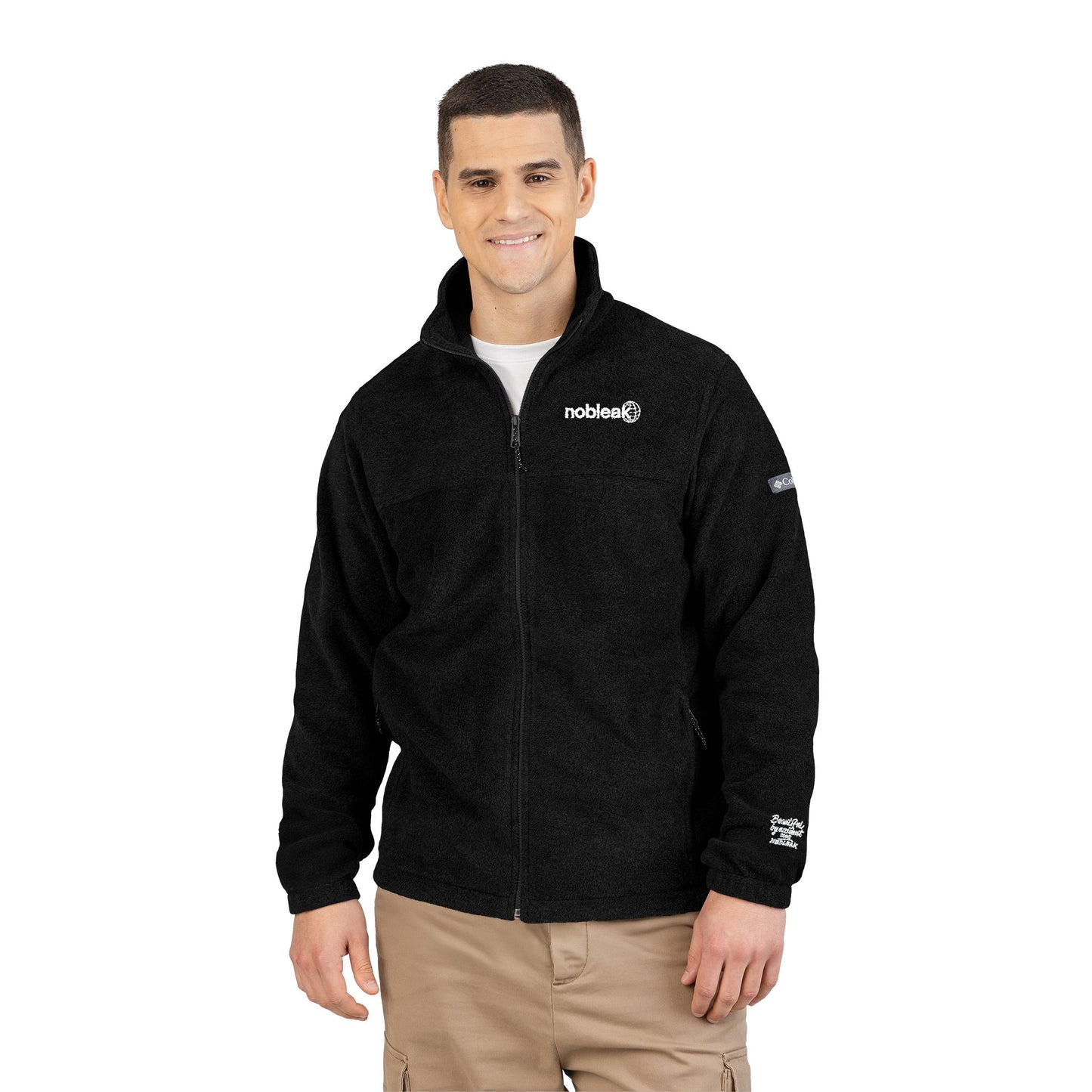 Embroidered Black Fleece Jacket — Graphic Chest & Sleeve Design