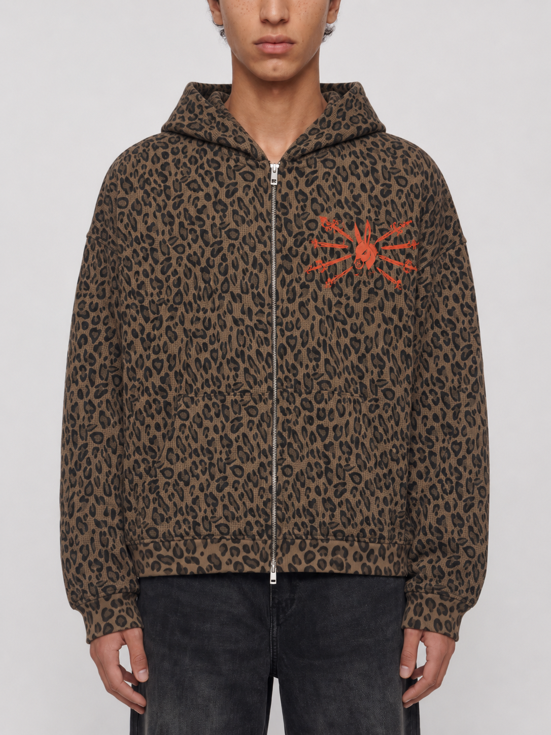Unisex Leopard Print Waffle Full Zip Hoodie