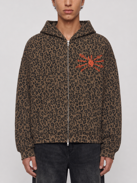 Unisex Leopard Print Waffle Full Zip Hoodie
