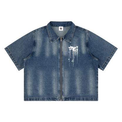 Unisex Vintage Washed Full-Zip Going out Denim Shirt