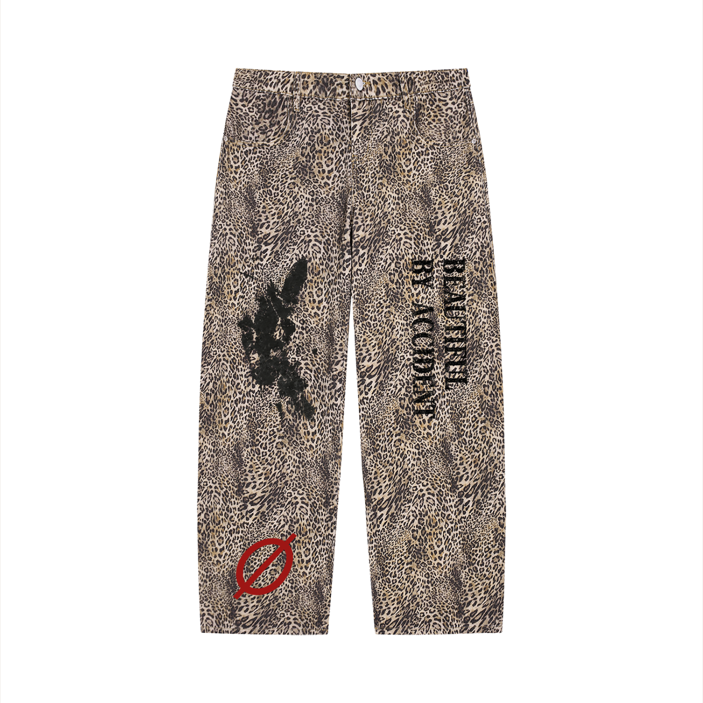 Unisex Vintage Wash Leopard Wide Leg Jeans
