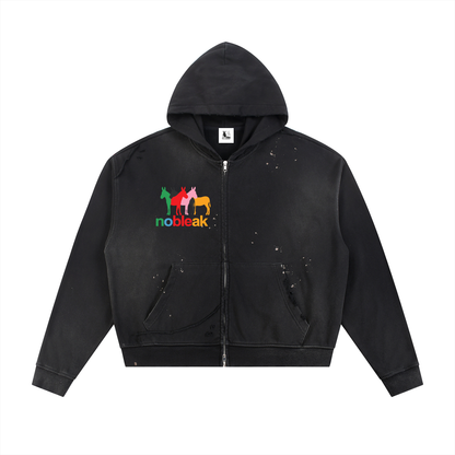 Sun Fade Frayed Raw Edge Fleece Zip Hoodie