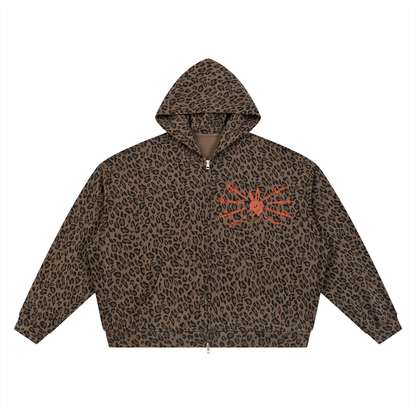 Unisex Leopard Print Waffle Full Zip Hoodie