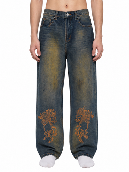 Men's Street Vintage Wash Wide Leg Denim Jeans