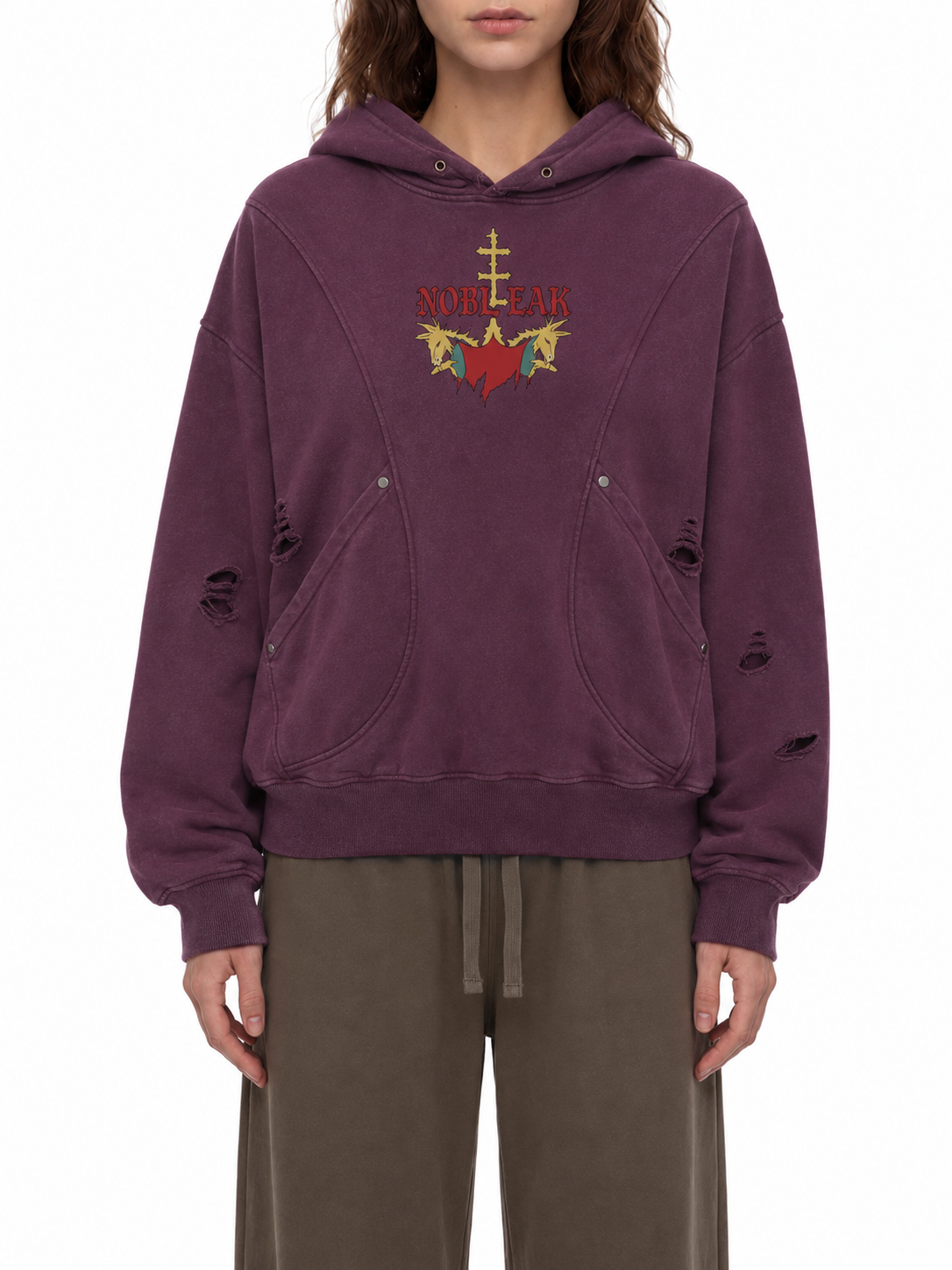 Snow Washed Distressed Panel Pocket Street Hoodie