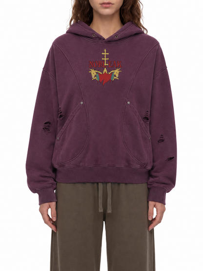 Snow Washed Distressed Panel Pocket Street Hoodie