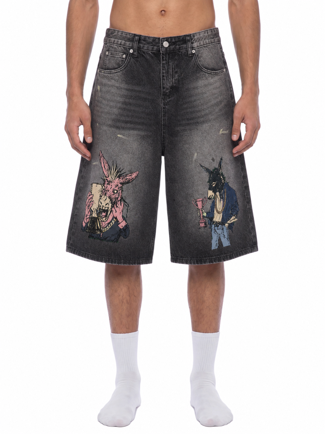 Men’s Vintage Wash Wide Leg Statement Denim Shorts