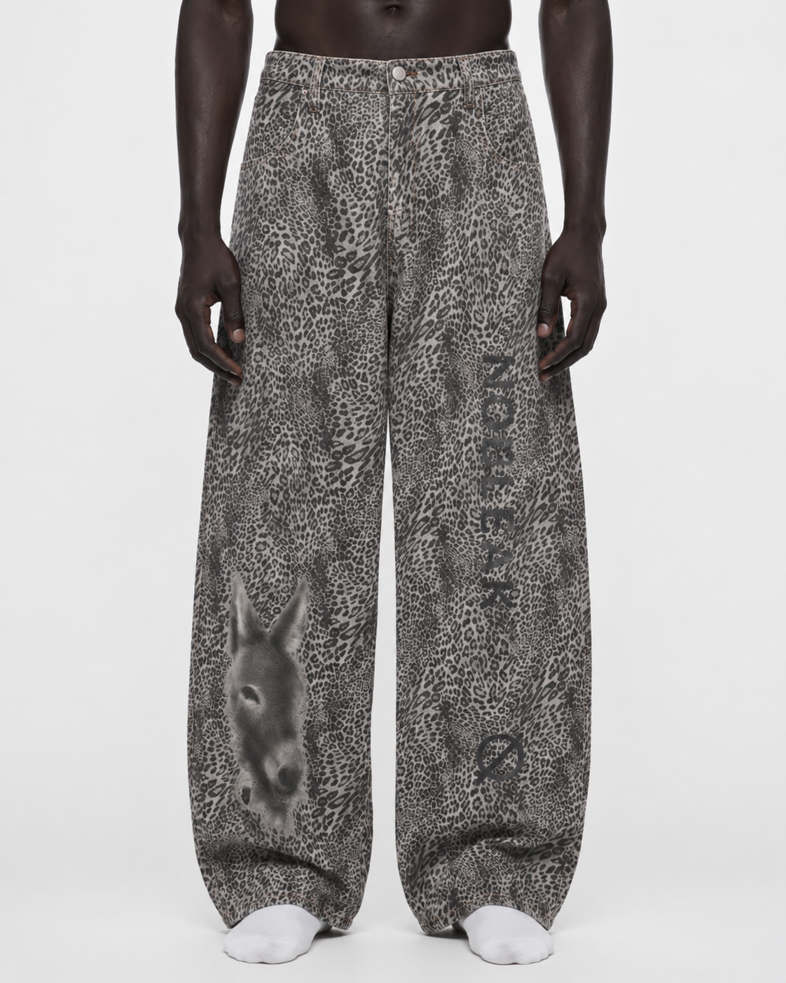 Unisex Vintage Wash Leopard Wide Leg Jeans