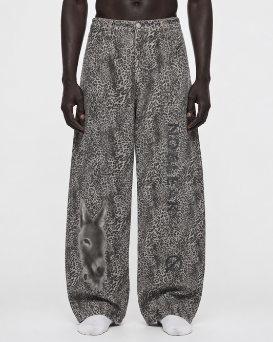 Unisex Vintage Wash Leopard Wide Leg Jeans