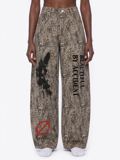Unisex Vintage Wash Leopard Wide Leg Jeans
