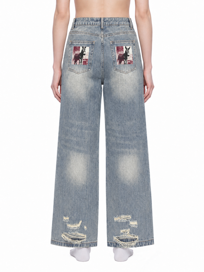 Unisex Vintage Wash Distressed Denim Street Jeans
