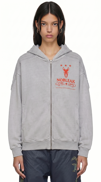 Snow Washed Tape Raw Edge Zip Hoodie