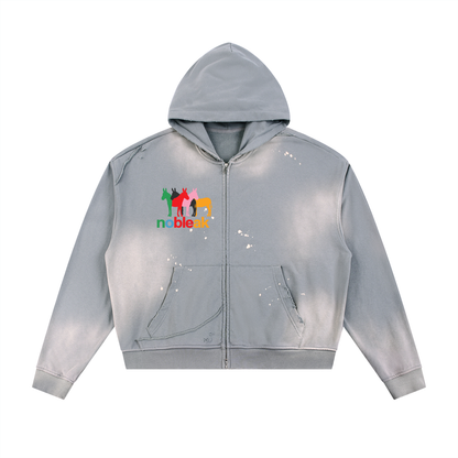 Sun Fade Frayed Raw Edge Fleece Zip Hoodie