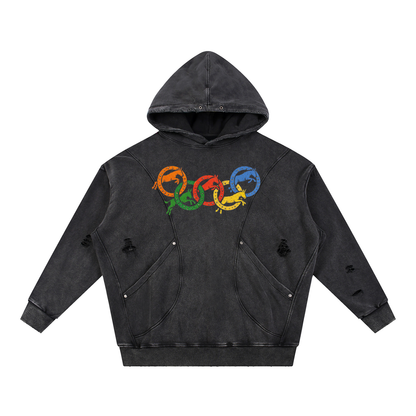 Snow Washed Distressed Panel Pocket Hoodie