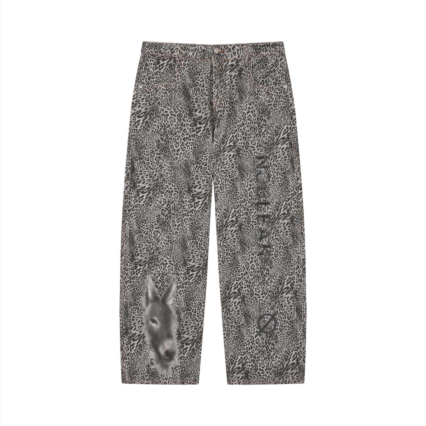 Unisex Vintage Wash Leopard Wide Leg Jeans