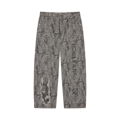 Unisex Vintage Wash Leopard Wide Leg Jeans