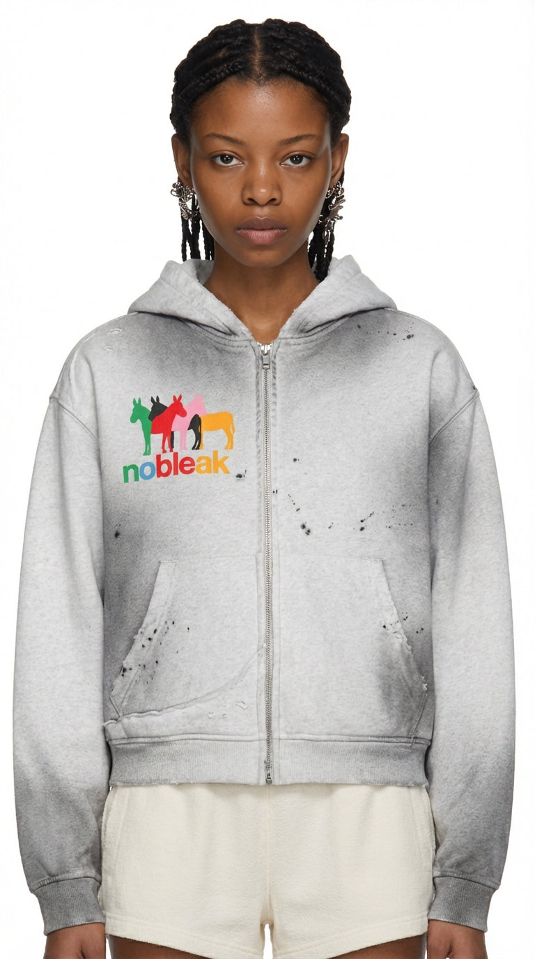 Sun Fade Frayed Raw Edge Fleece Zip Hoodie