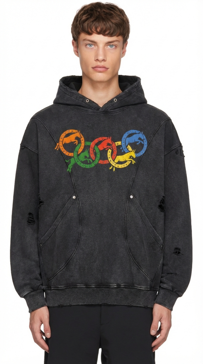 Snow Washed Distressed Panel Pocket Hoodie