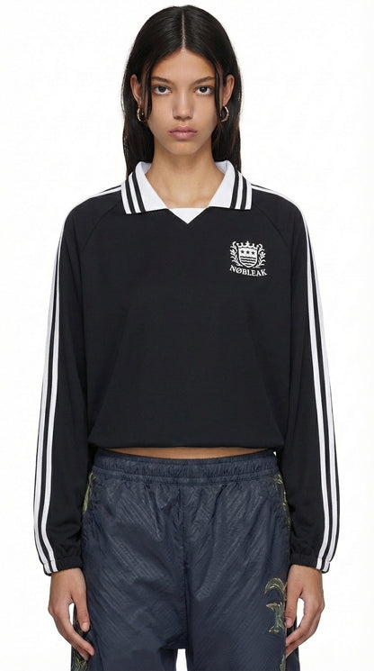 Unisex Contrast Striped Lapel Collar Sweatshirt