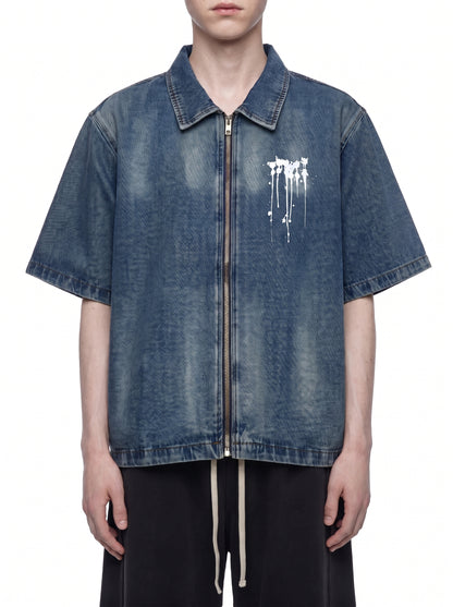 Unisex Vintage Washed Full-Zip Going out Denim Shirt