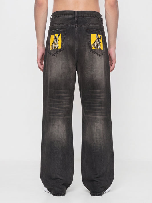 Unisex Vintage Wash Heavyweight Denim Statement Jeans
