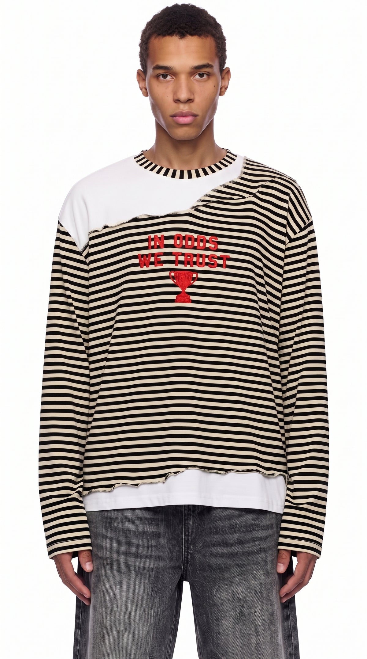 Unisex Striped Panel Boxy Long Sleeve Statement T-Shirt