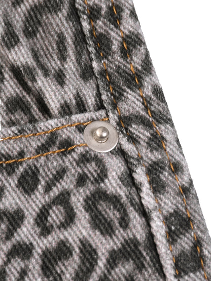 Unisex Vintage Wash Leopard Wide Leg Jeans