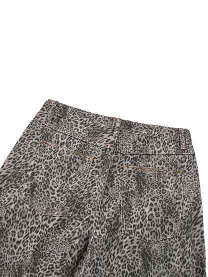 Unisex Vintage Wash Leopard Wide Leg Jeans