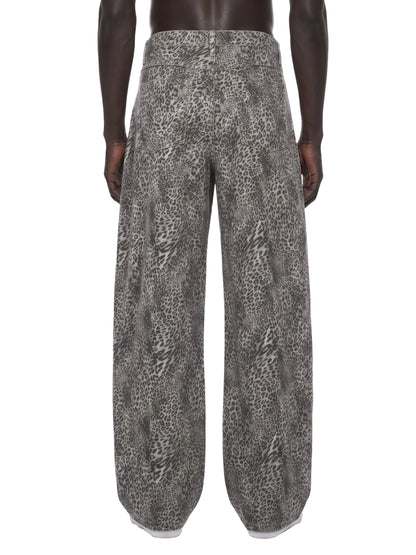Unisex Vintage Wash Leopard Wide Leg Jeans
