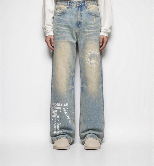 Sun Fade Raw Hem Denim Jeans